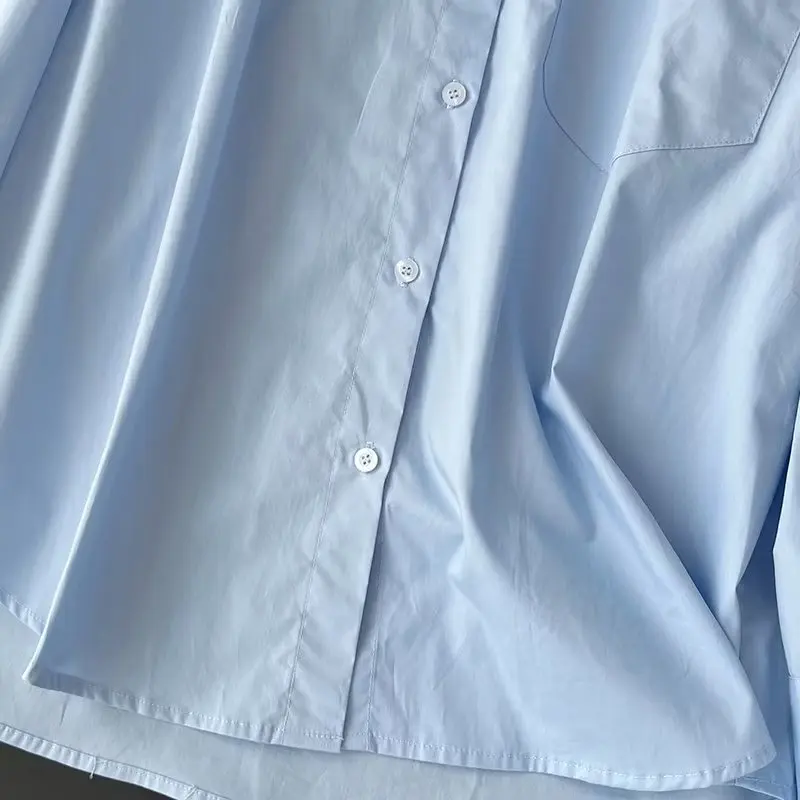 Withered British Fashion Women's Casual Shirt Autumn Retro Boyfriend Wind Cotton Large Pocket Loose Blue Shirt Women