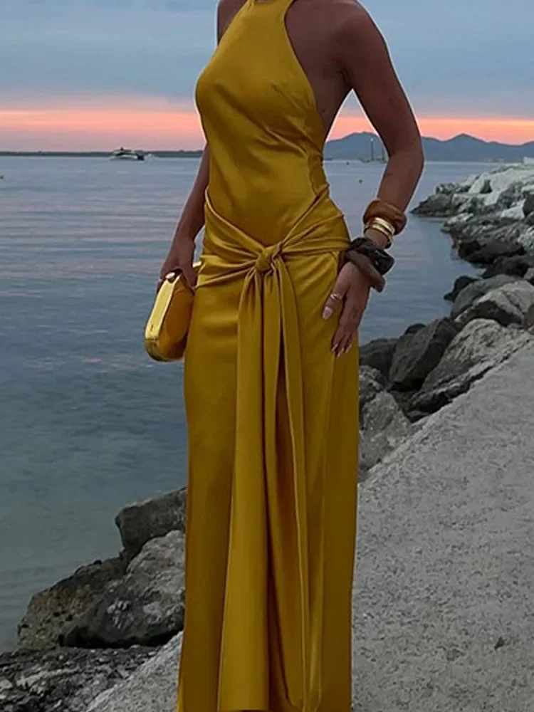 Seksowna sukienka na ramiączkach z odkrytymi plecami, gładka, idealna na wakacje, damska moda, bez rękawów, dopasowana, satynowa sukienka na imprezę, elegancka, sznurowana, z wycięciami, długa sukienka.