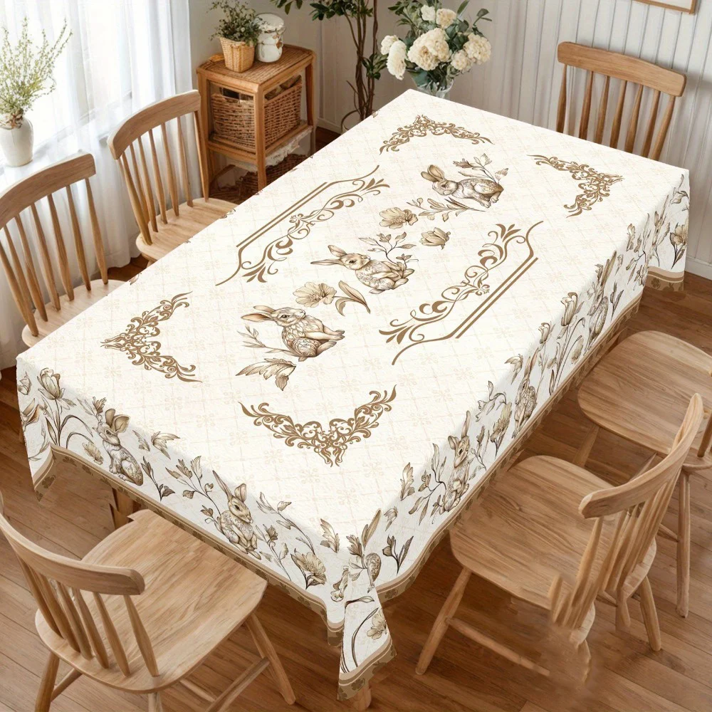 Retro rabbit and flower pattern tablecloth - Elegant brown and pastel color tones, rectangular tablecloth