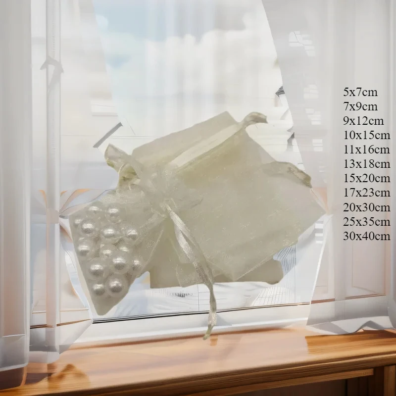 100–1000 Stück beige transparente Organza-Beutel mit Kordelzug für Weihnachtsgeschenkverpackungen, Partyzubehör, Aufbewahrungsbeutel, Beutel, Display