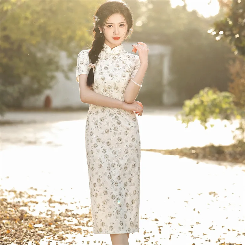 

Традиционное Кружевное платье-Ципао с коротким рукавом для молодых девушек, китайский воротник-стойка, шифоновое вечернее платье для женщин