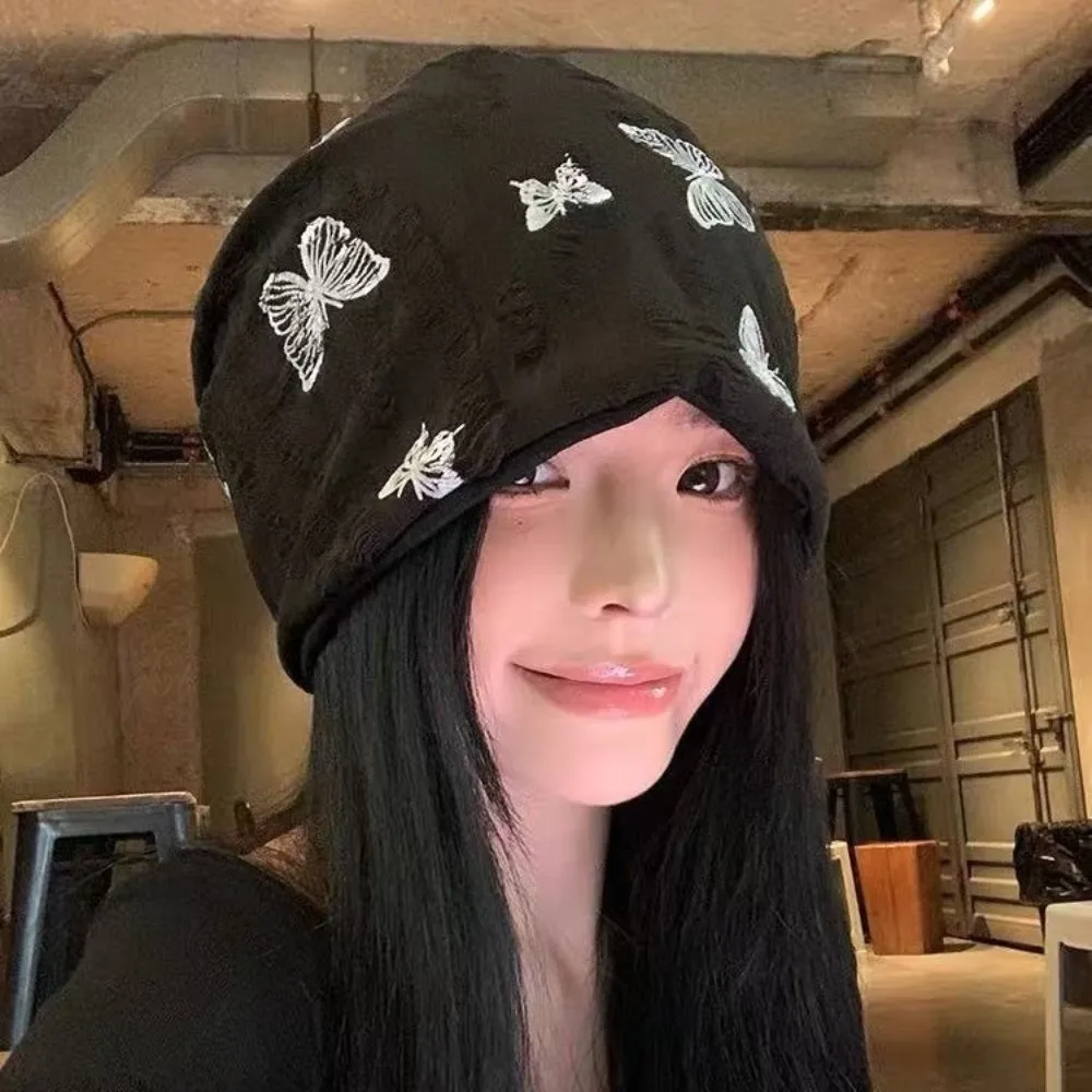 

Harajuku Holes Butterfly Print Beanies Coldproof Thickened Fleece Beanies Korean Style High Quality Plush Pullover Hat Winter