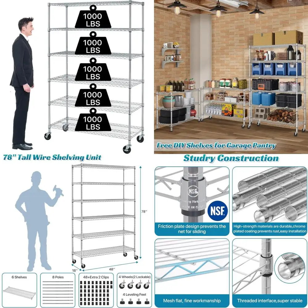 

6-уровневый сверхпрочный стеллаж из стальной проволоки коммерческого класса с колесами, регулируемый стеллаж для хранения в гараже, 6000 л