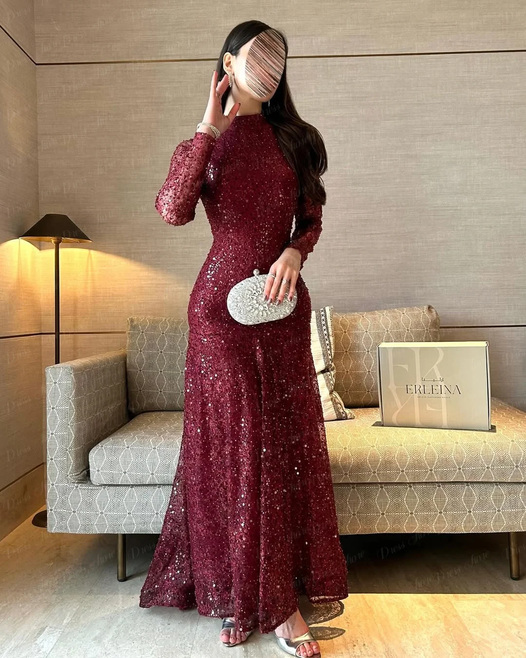 Suknia wieczorowa Ranmo Burgundy Sparkly Lace A-line z długimi rękawami, wysokim dekoltem, plisami, w stylu arabskim، فساتين سهرة, suknia na bal, szyta na miarę