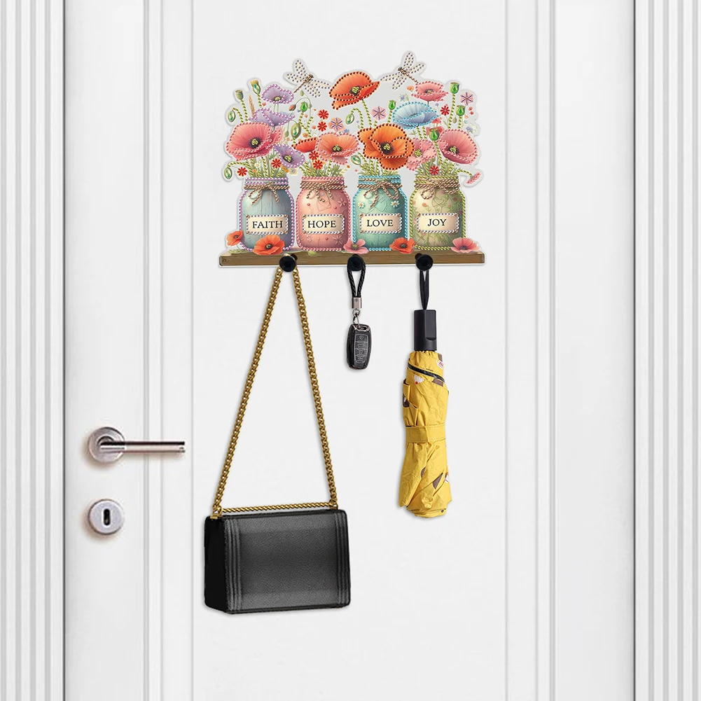 

Acrylic Vase Flowers Rhinestone Painting Keychain Hanger A Row of 3 Hooks Diamond Art Craft Wall Hooks for Beginners Adults