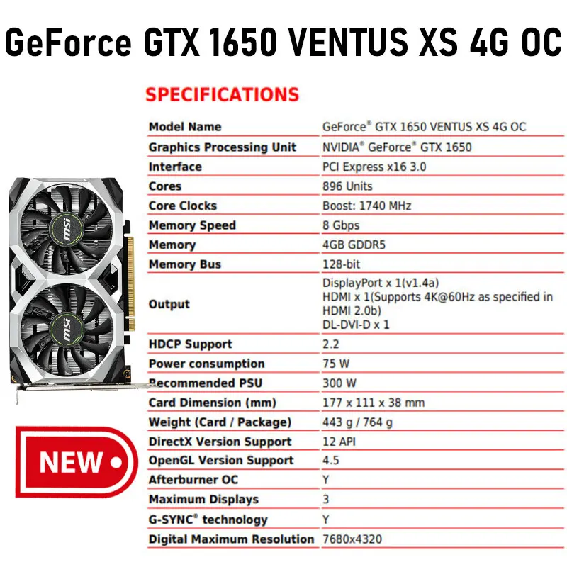 Msi geforce gtx 1650 ventus xs oc 12nm 4g gddr5 gddr6 placas de vídeo de 128 bits 1650 gpu 4gb d5 d6 placa gráfica para cpu desktop novo