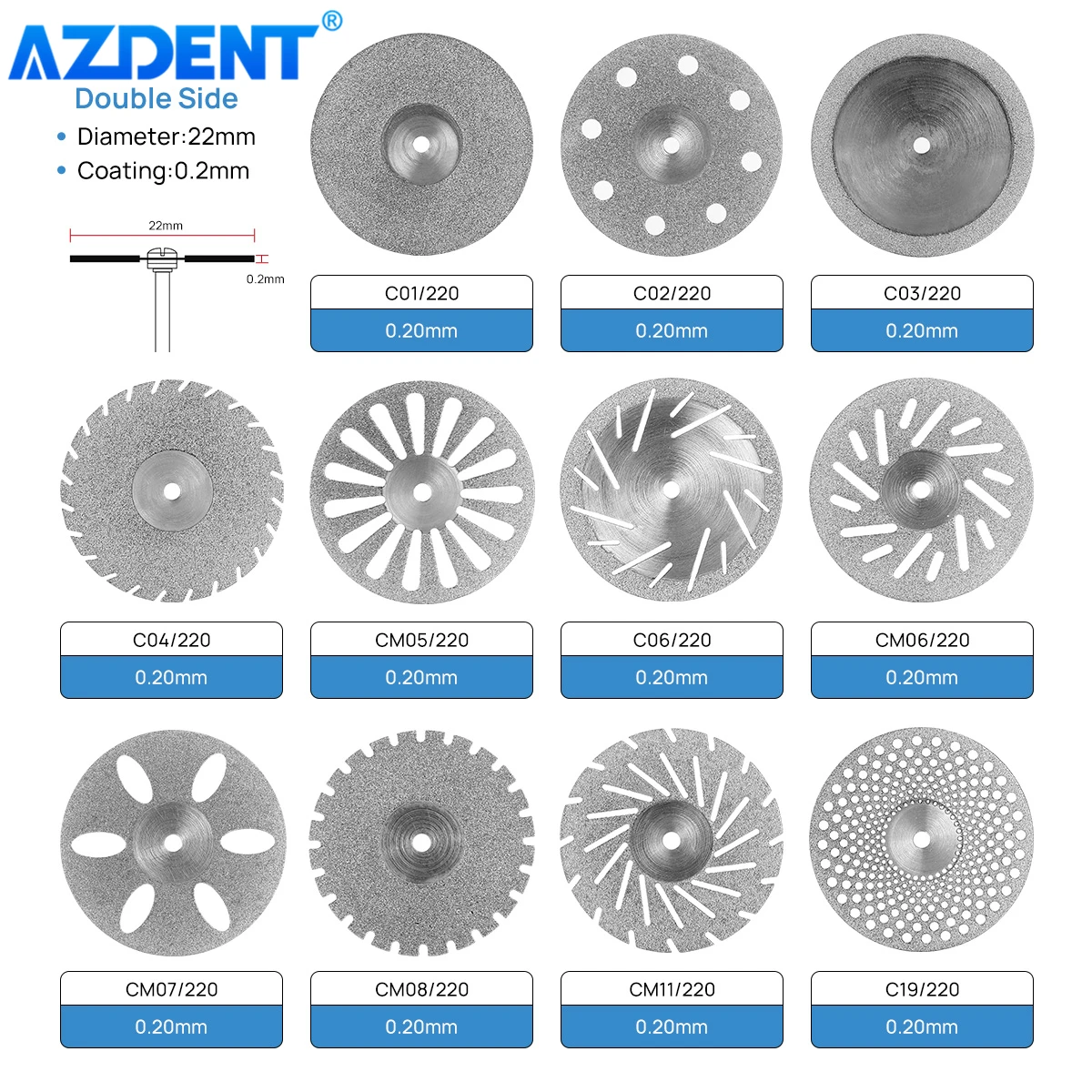 11 Sizes Dental Lab Diamond Disc 0.20mm AZDENT Ultra-thin Double Side Grit Disk Cutting Tool Dia 22mm Polisher Dentistry Dentist