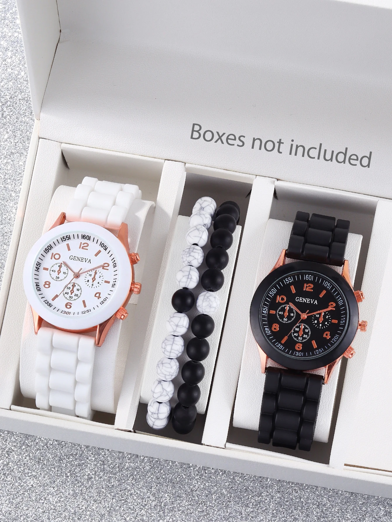 4PCS classic fashion black and white silicone women's men's quartz watch with beaded bracelet set lovers gift