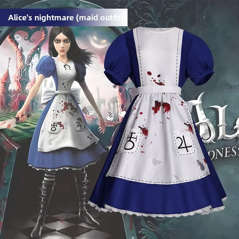

Anime Alice Princess Dress Maid Apron Dress Game Madness Returns Alice Cosplay Costume for Women Girls Halloween Party