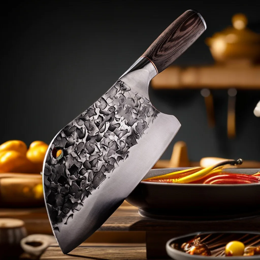 Slicing Knife Chopping Knife Hand Forged Kitchen Knife Solid Wood Clad Steel Handle 5Cr15 High Carbon Steel High Hardness Sharp