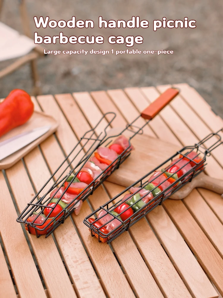 

Wooden Handle Grill Net, Barbecue Net, Outdoor Camping BBQ Grill Net, Hot Dog Cage