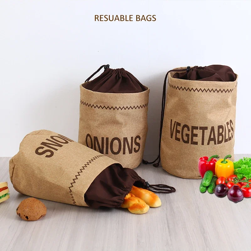 Kitchen Hessian Storage Bag for Garlic,Onions,Potato,Vegetable,Bread,Drawstring Sack,Fabric Burlap Bags Jute Potatoes Organizer