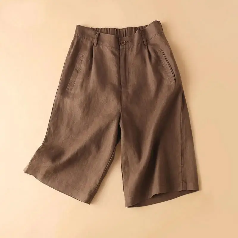 Cotton Linen Artistic Wide-Leg For Women, Summer New Thin Half-Elastic High-Waist Loose Slimming Casual Five-Point Shorts