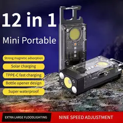 Asafee EDC Mini Flashlight COB Keychain With Battery UV Light Bottle Opener Torch Waterproof Rechargeable Lamp Solar Panel