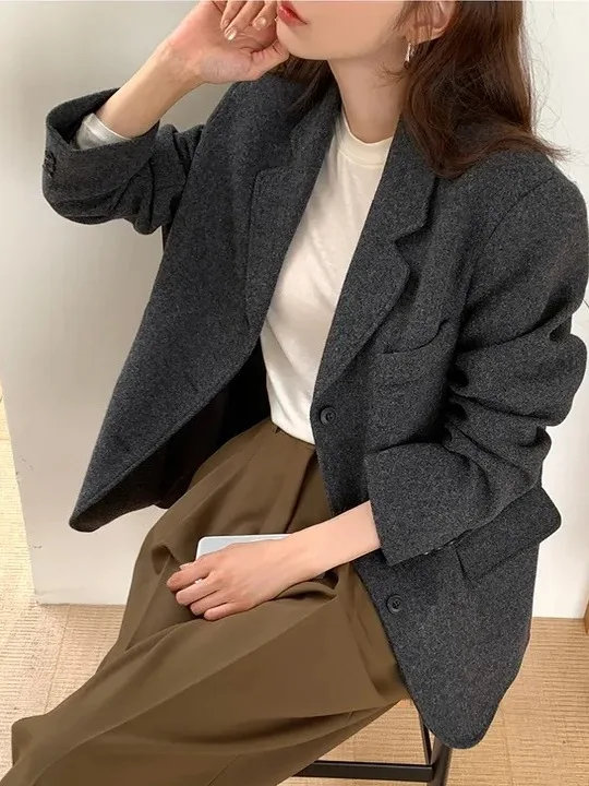 

Осень-зима, винтажный элитный мужской костюм с воротником, топ, женское повседневное универсальное шерстяное пальто, корейское повседневное шерстяное пальто для поездок на работу