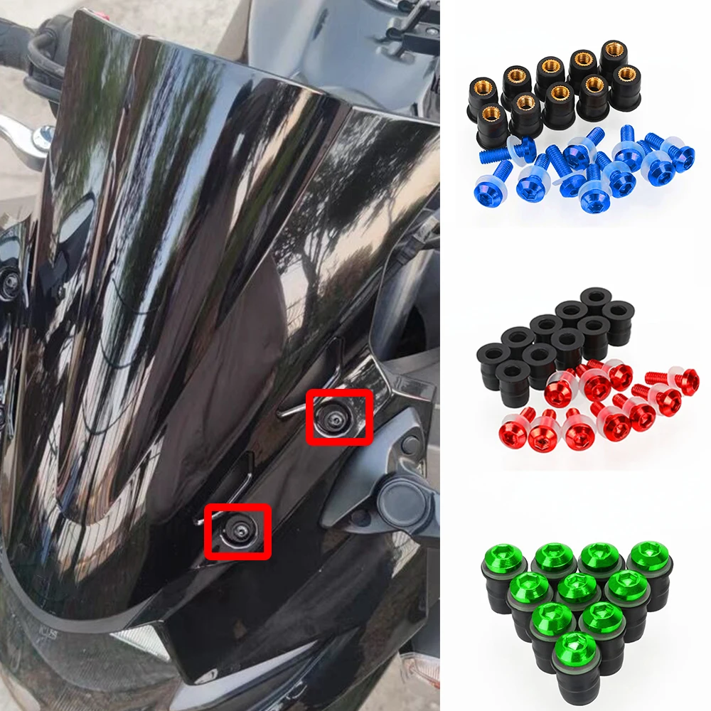 10pcs M5 Windshield Bolt Windscreen Mounting Screw Washer Nut for Yamaha YZF R1 R6 R7 600R 750R 1000R FZ1 FZ6 FZ6R FJR1300 YZFR1