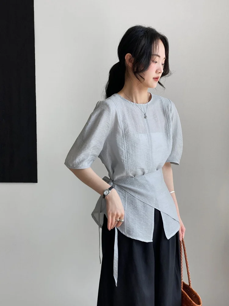 

Korean Sle Summer Thin Linen Silk ort Sve irt Women's round Ne T Top with Belt Loose Fit Ultra Light Breathable