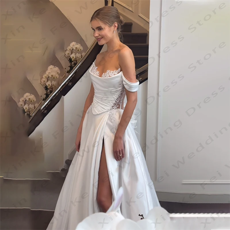 Abiti da sposa da donna eleganti in raso con spacco laterale sexy con spalle scoperte Abiti da sposa da ballo principessa Abiti da festa formali personalizzati