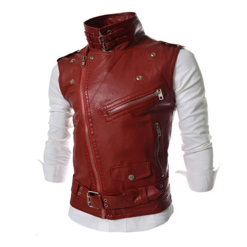 Men's luxury fashion spring and autumn leather vest Korean version slim fit multi zipper lapel short leather vest jacket top