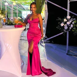 Christmas Fuchsia Mermaid Prom Dresses For African Women Slit Aso Ebi Women Wedding Party Gowns Hot Pink Birthday Evening Dress