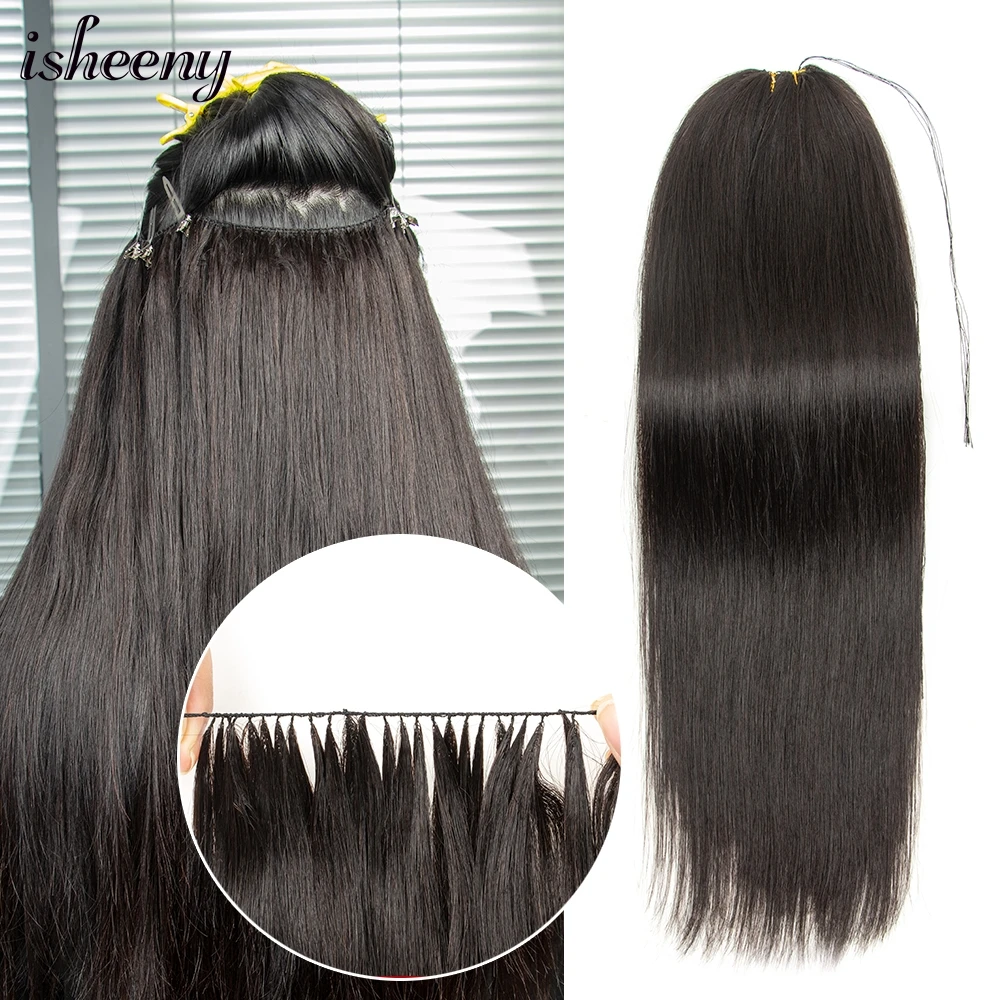 Isheeny ekstensi rambut manusia kain bulu 100g bundel kustom tak terlihat jahit 16-22 inci 50cm lebar kain 140 helai