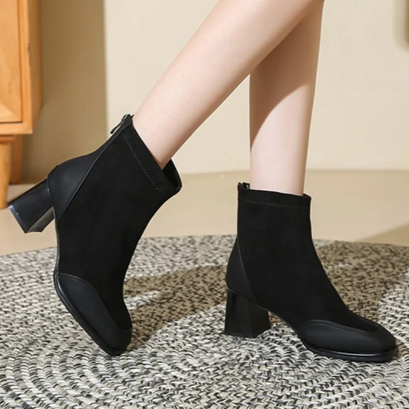 2024 Winter New Style Thick-soled Thick-heeled Women's Back Zipper Short-tube Suede Slim-fitting Fashion Boots