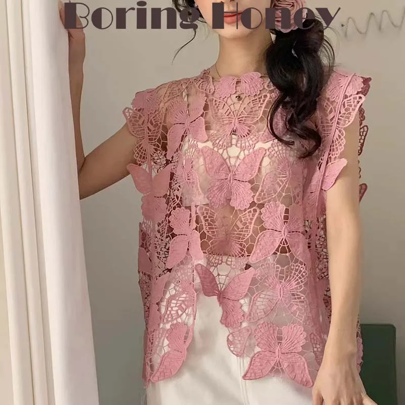 Boring Honey Sleeveless Vest Women Lace Butterfly Embroidery Hollow Out Blouse Women's Spring Autumn New Waistcoat Top Women