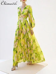 Holiday Style Dress 2024 Summer New Women's High-End Long-Sleeved Yellow Pleated Floral Dress Slim Elegant Long Ladies Dresses