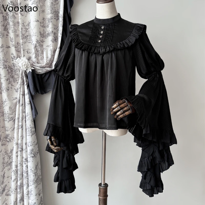 White Victorian Gothic Lolita Style Shirts Women Vintage Elegant Ruffles Long Sleeve Striped Blouses Female Y2k Blusas Mujer Top