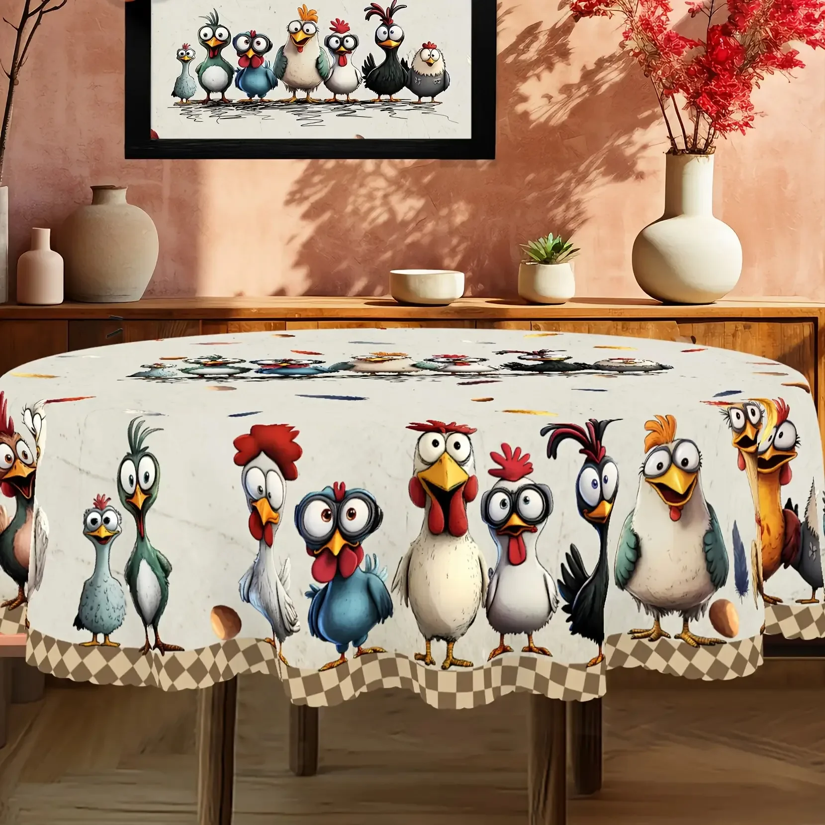 1pc, round polyester tablecloth, with cute chicken prints, durable fabric, suitable for home, garden, and parties.xzj