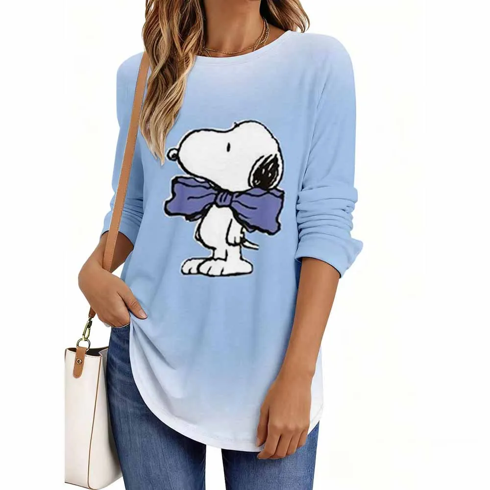 Snoopy print Ladies' Spring and Autumn Clothing Colorful Snoopy Printed T-shirt Long Sleeve Round Neck Casual Top