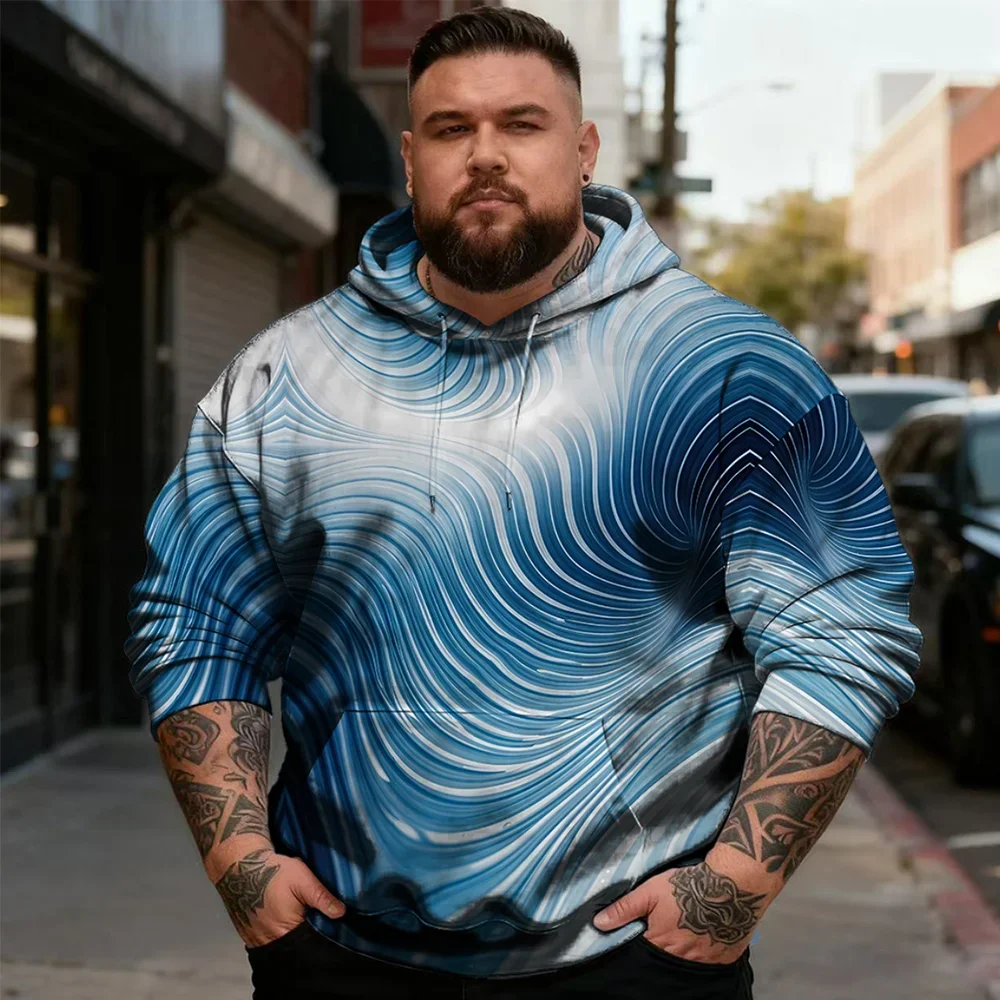 Men's Plus Size Linear Graphic Pullover Hoodie, Contour Waves or Diagonal Speed Line Prints, Modern Abstract Streetwear, S-9XL