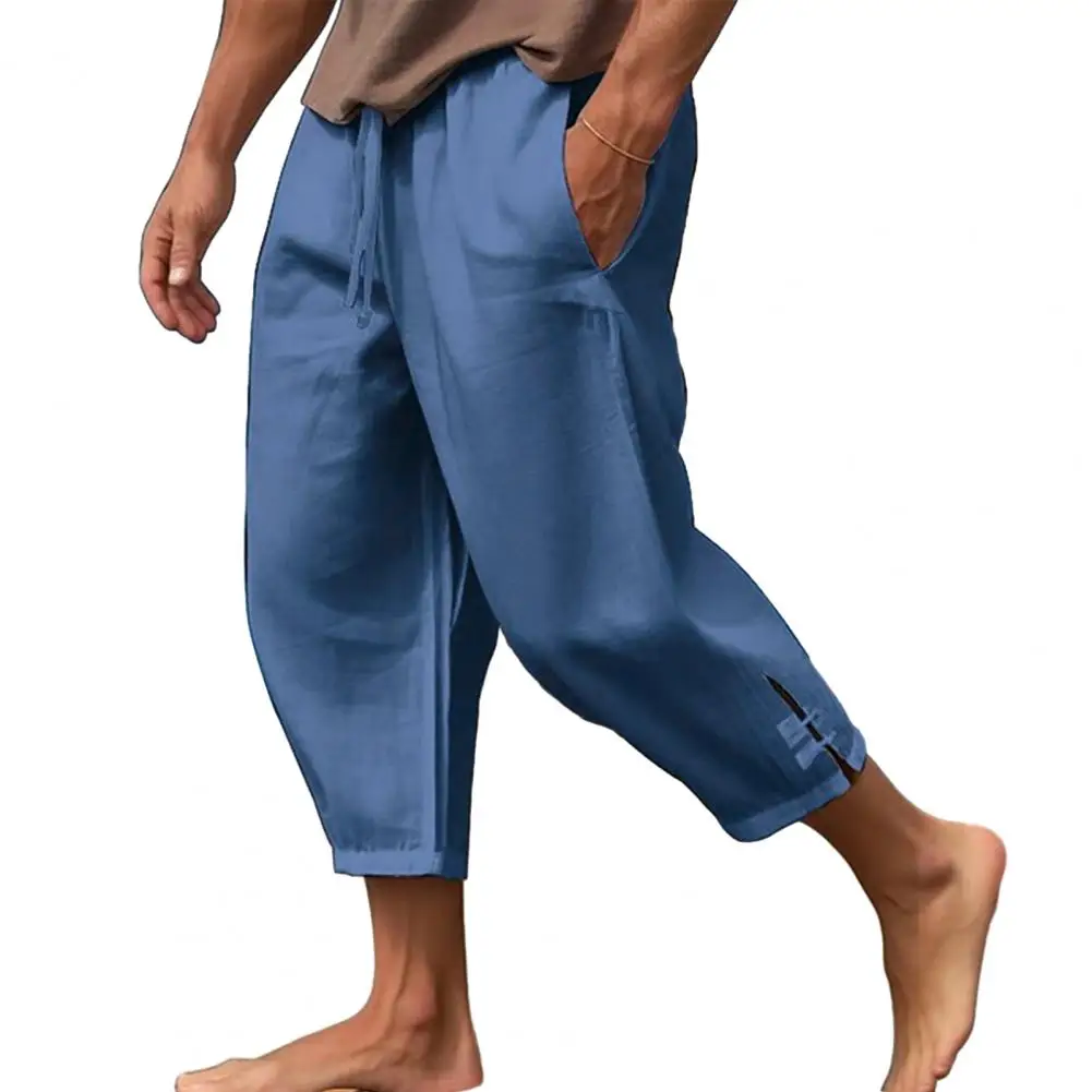 

Solid Color Drawstring Pants Men's Drawstring Cropped Pants with Elastic Waist Deep Crotch Solid Color Loose Fit for Summer