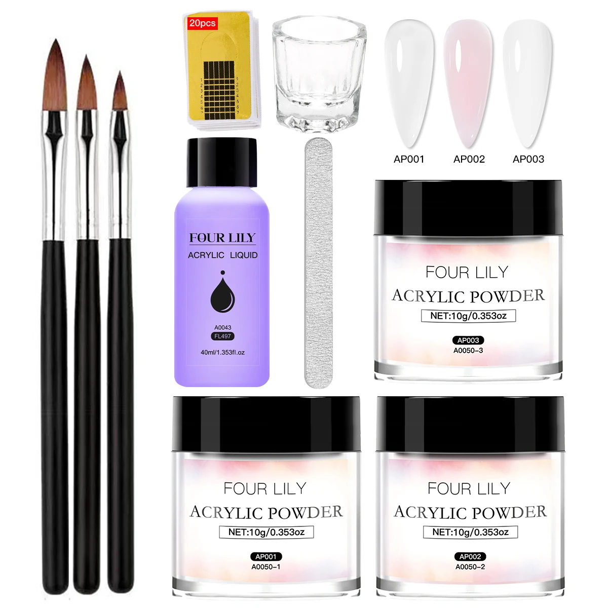 FOUR LILY Kit per unghie acriliche Set di liquidi di cristallo in polvere acrilica per unghie con pennello per unghie per estensione unghie acriliche intaglio manicure