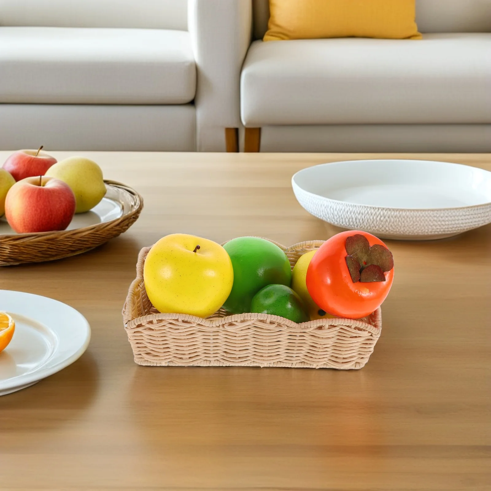 

Rustic Rattan Woven Fruit Basket Large Capacity Kitchen Storage Tray Bread Snacks Lightweight Table Basket Creative Countertop