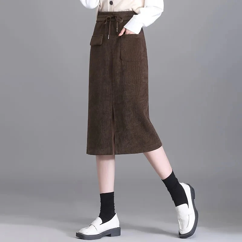 2024 New Winter Retro A-line Corduroy Skirt, Women's Clothing, Spring Autumn Drawstring Elastic High Waist Slit Wrap Skirts,