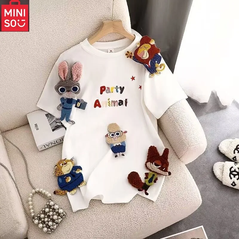 

MINISO pure cotton short sleeved summer T-shirt for students, loose fitting couple, half sleeved ins top