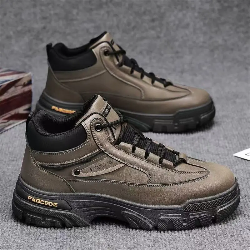 

Мужские осенне-зимние новые ботильоны из кожи на толстой подошве с круглым носком, водонепроницаемая рабочая обувь на шнуровке, уличная нескользящая походная обувь