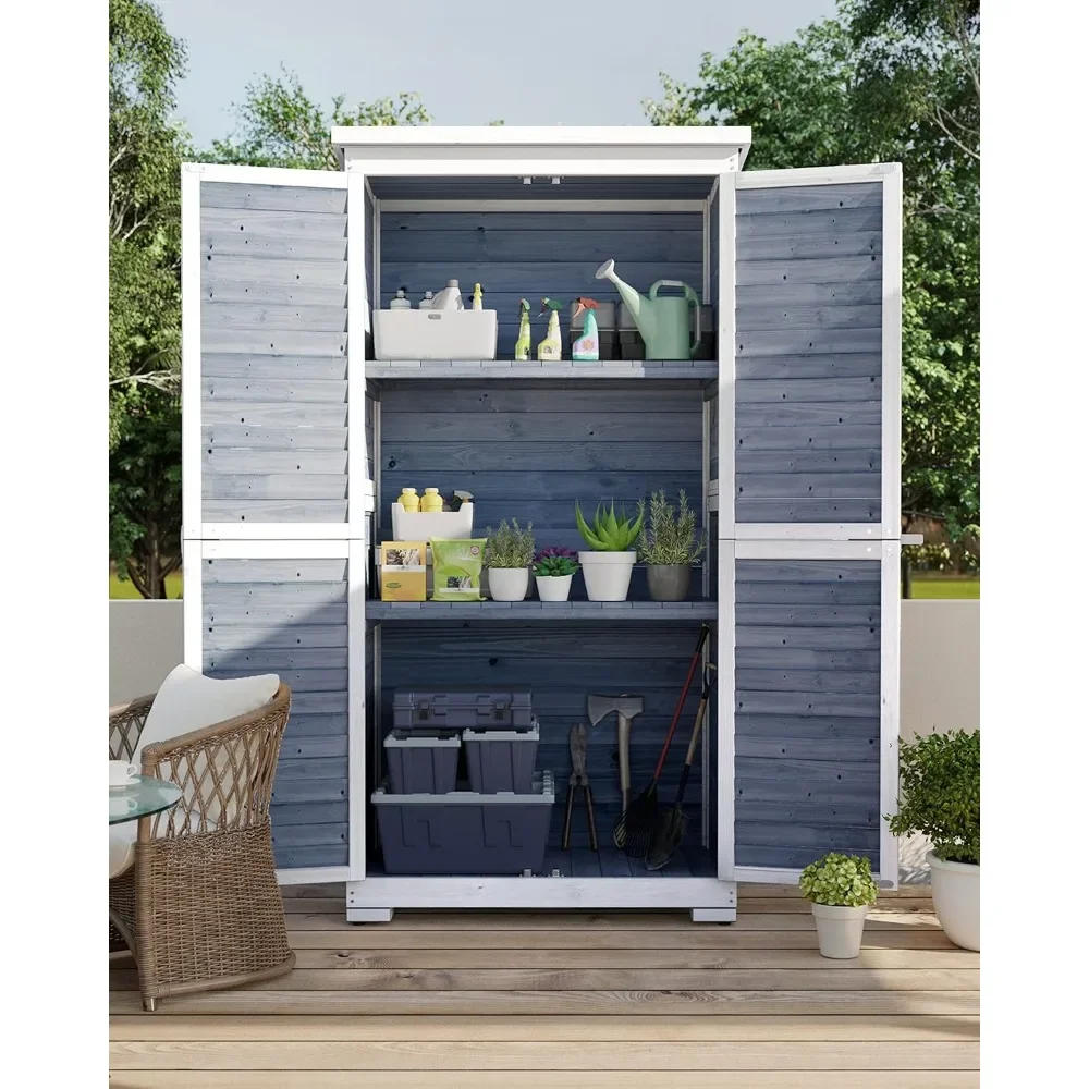 Outdoor Storage Cabinet with 3 Shelves, Double Lockable Wooden Garden Shed with Waterproof Roof, Outside Vertical Tall Tool Shed