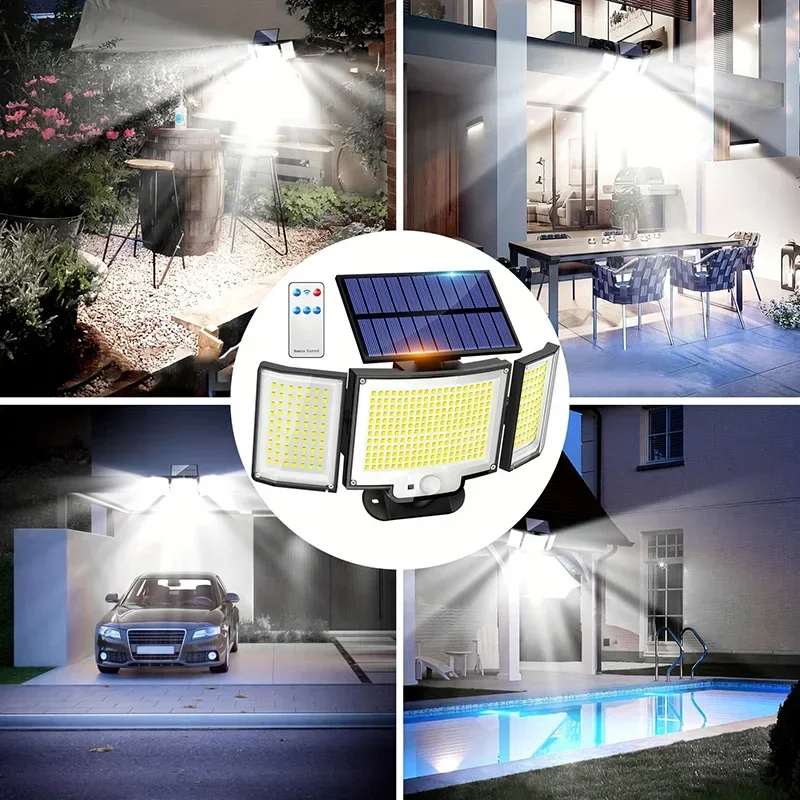 Solar Wall Lights 328LEDs Outdoor Motion Sensor Lights with Remote 3 Heads IP65 Waterproof Lights for Yard Front Door Porch Gara