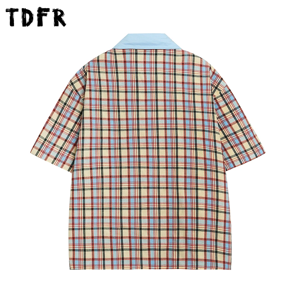 Cartoon Embroidery Short Sleeve Checked Shirt Mens Summer Retro Casual Spliced Lapel Single Breasted Half-Sleeve Plaid Shirts