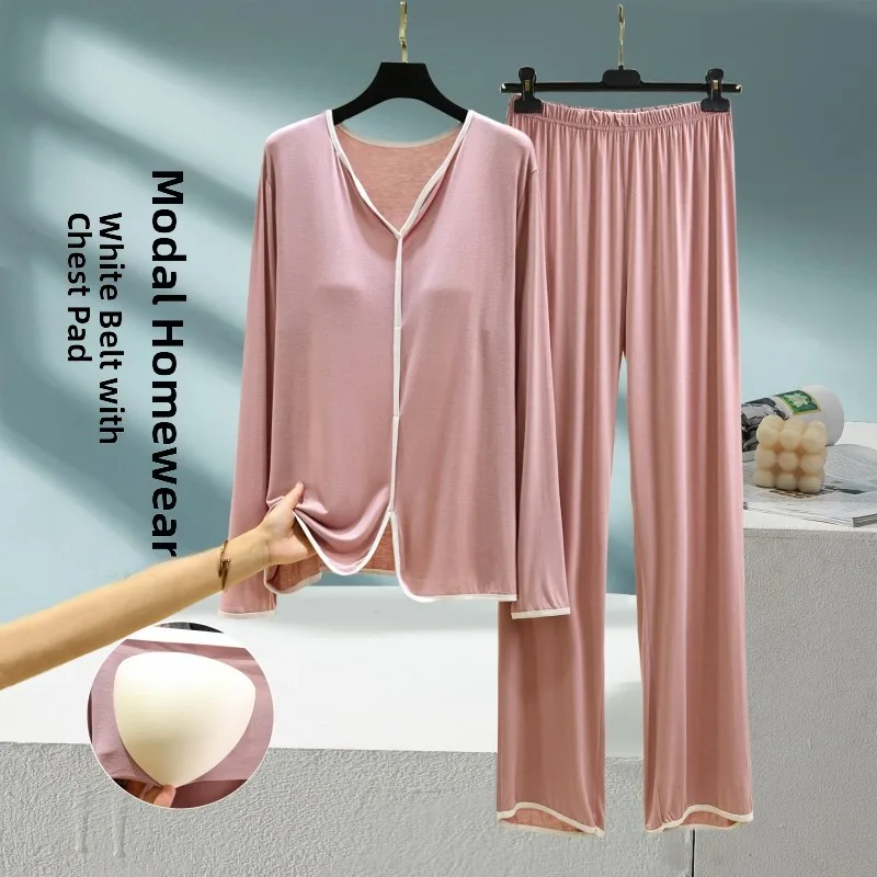 Modal Sleepwear with Chest Pad Women's Spring Autumn Thin Long Sleeve Long Pants Home Clothes Set V-neck Home Leisure Style