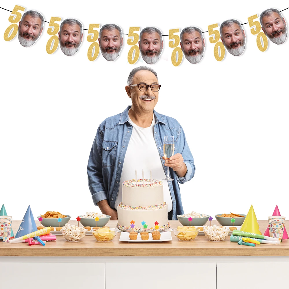 مخصص الذهب الأسود 30 40 50 60 70 سنة حفلة عيد ميلاد الوجه ورق طباعة الصور راية معلقة جارلاند للكبار حفلة عيد ميلاد ديكور