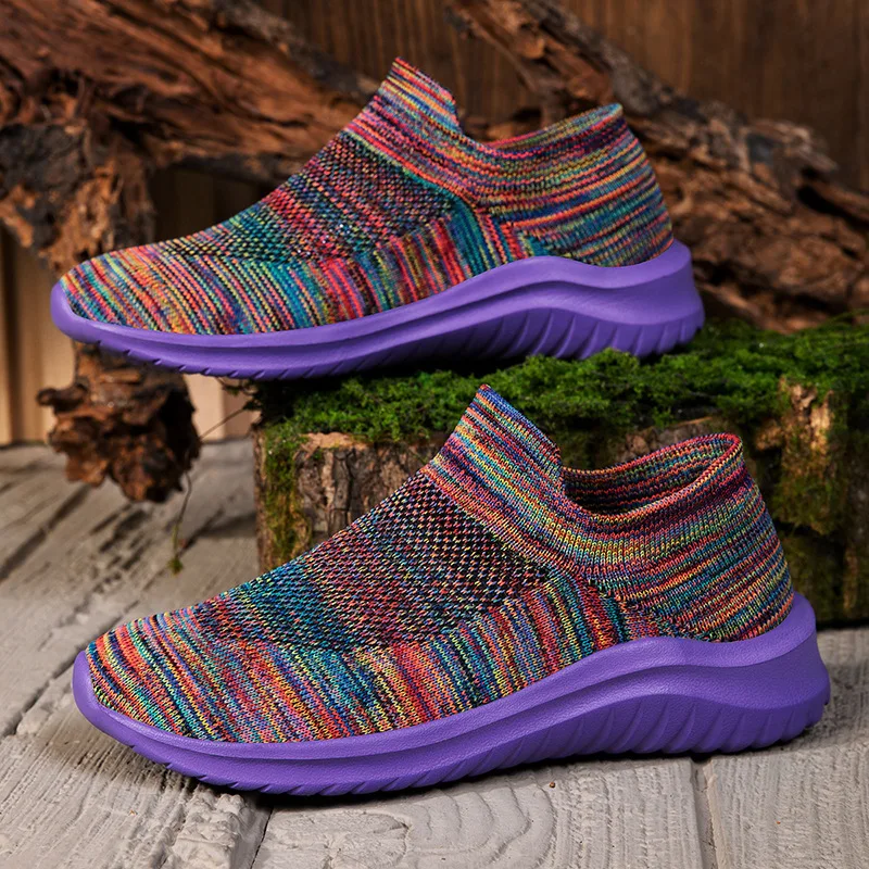 Women's Rainbow Knit Slip-On Sneakers Lightweight Flat Sole Breathable Big Size Casual Shoes Multi Colors SGS Tested Ready Stock