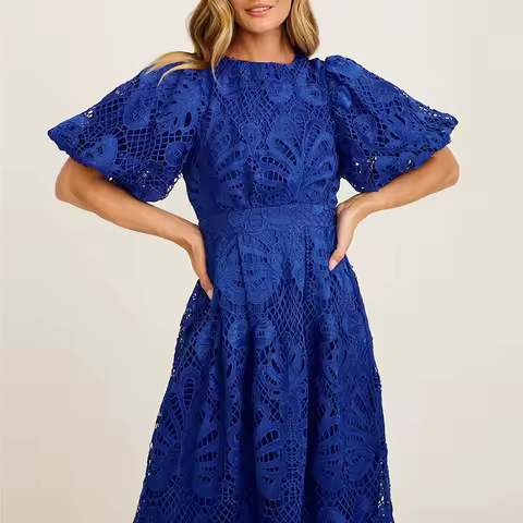 2026 New Hollow Out Puff Sleeve Evening Dress Fashion Solid Color Lace Party Dress Elegant Lady High Waist Pleated A-line Dress