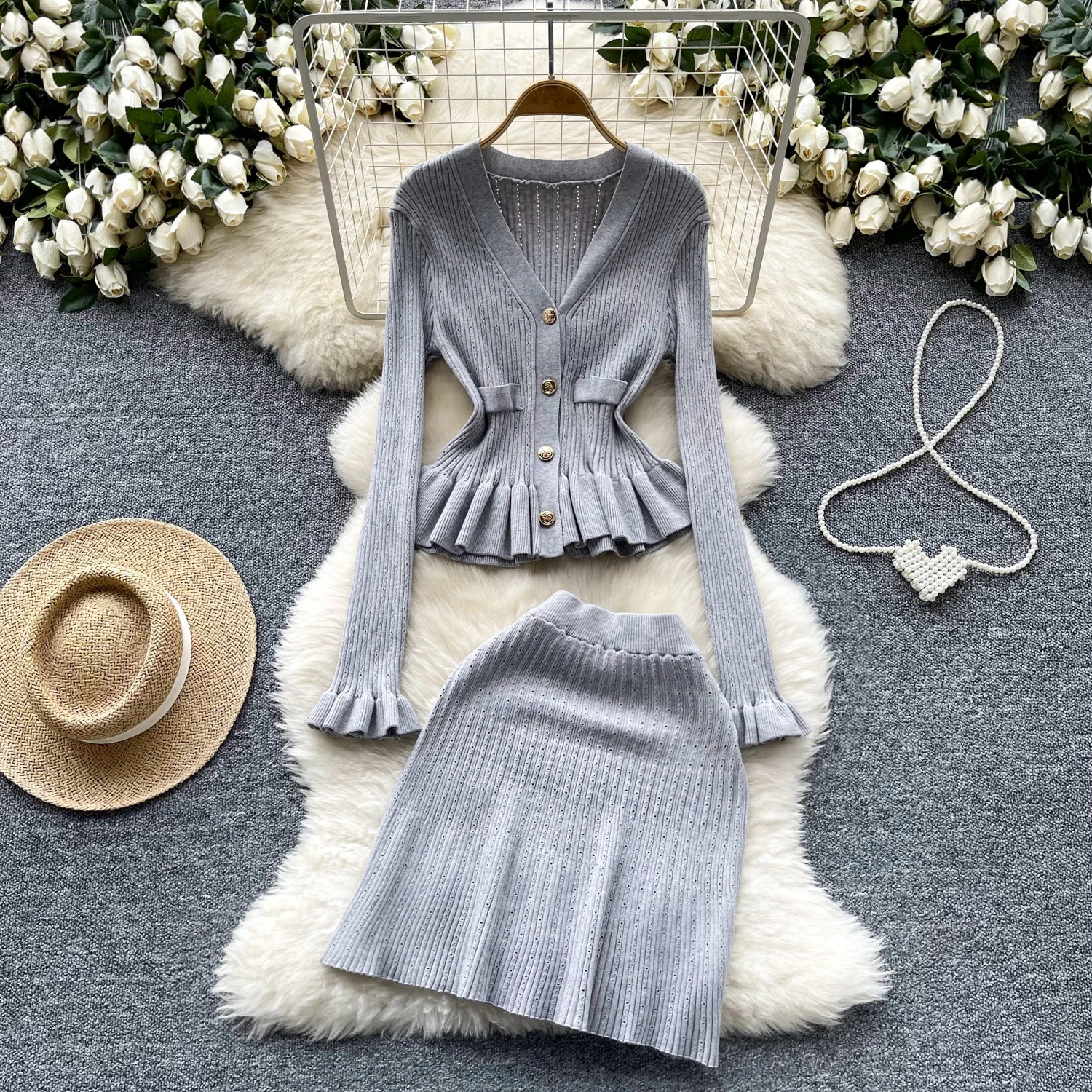 

Sexy two Pieces Sets Chic Elegant v neck ruffle knit top with High Waist Hip Wrap summer sweet Full Skir