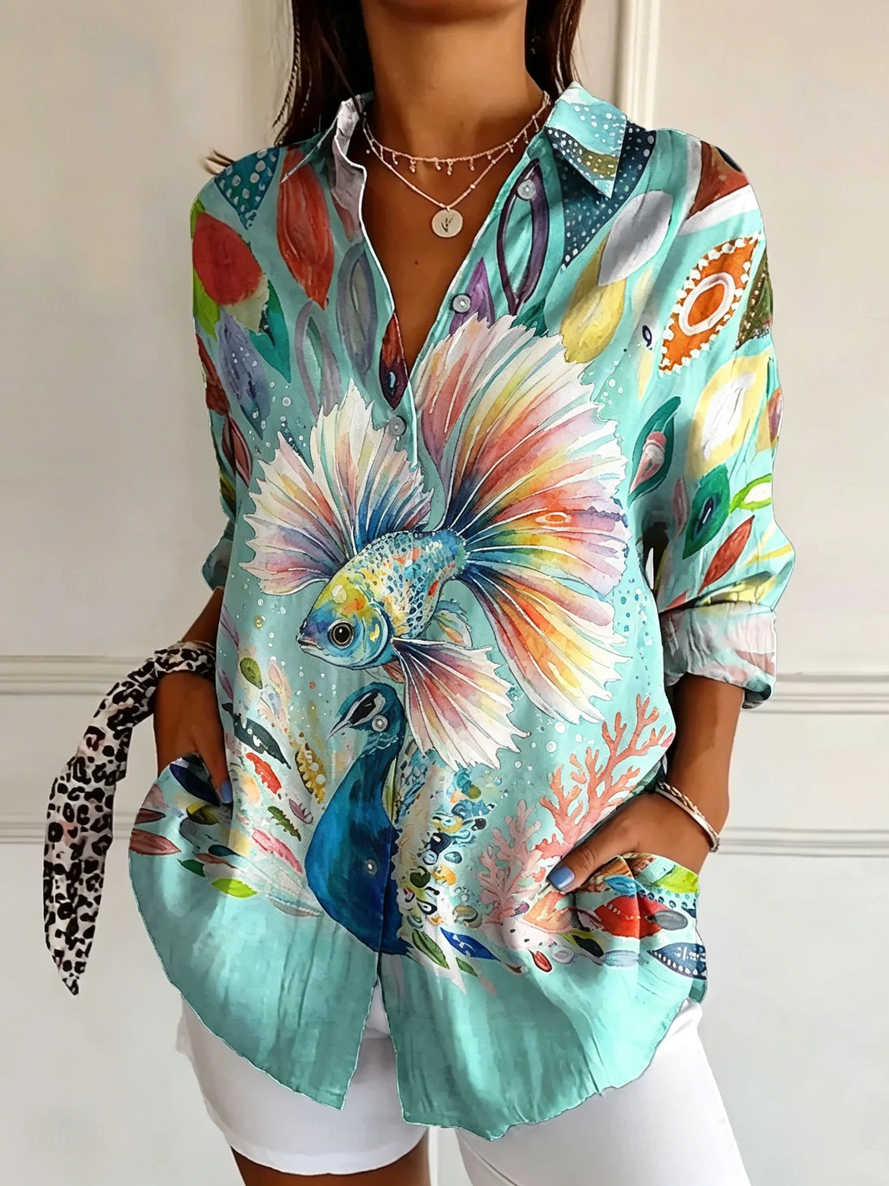 

Women's Lapel Long Sleeve Watercolor Fish Print Button-Up Shirt, Casual Stylish Tops for Spring Summer Daily & Holiday Wear