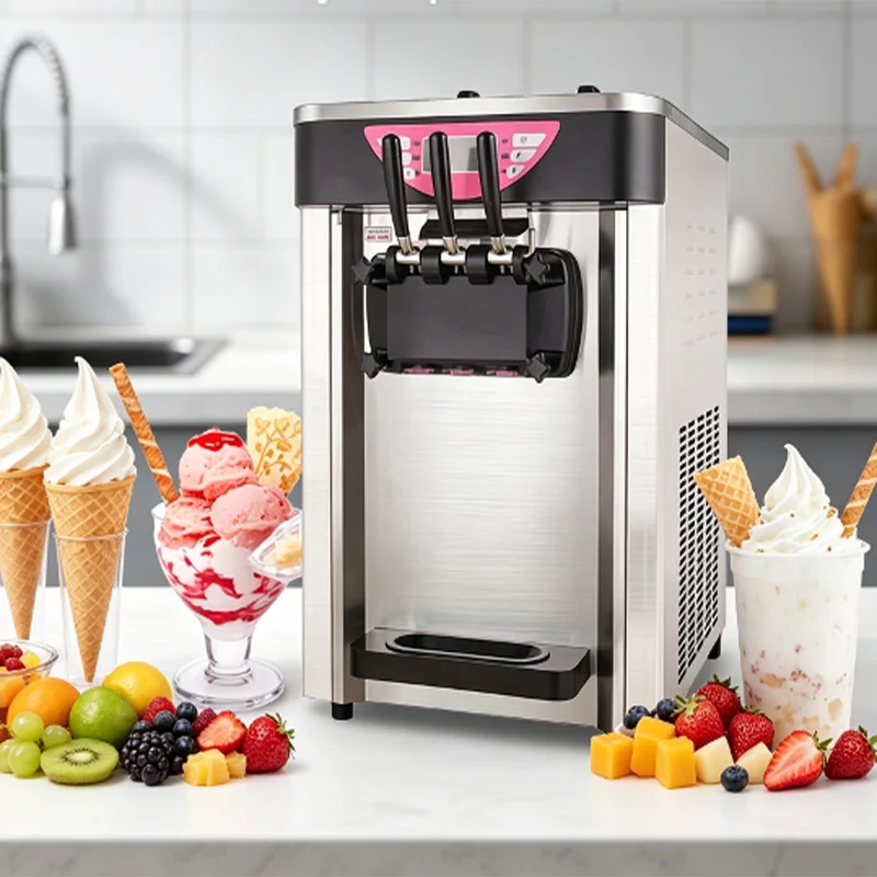 Electric Automatic Three Flavors Commercial Soft Ice Cream Maker Small Stainless Steel