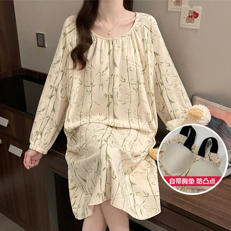 

Autumn Spring Cotton Women Long Nightgowns Pullover Loungewear Loose Bra Padded Sleepshirt Cotton Nightdress Leisure Shirt