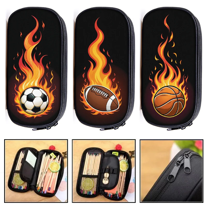 Soccerly / Footbally Cosmetic Bags Creative Fire Basketball Sport Pencil Box Boys School Zipper Bag Children Stationary Bags